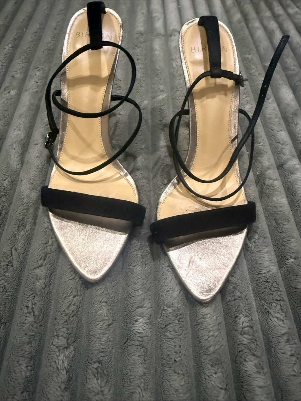 Alexandre Birman Silver and Black Ankle Tie Pointed Heels